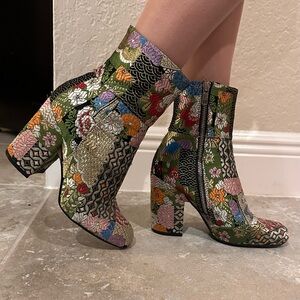 Statement Floral Brocade Ankle Boots | Chunky Heel | Size 6